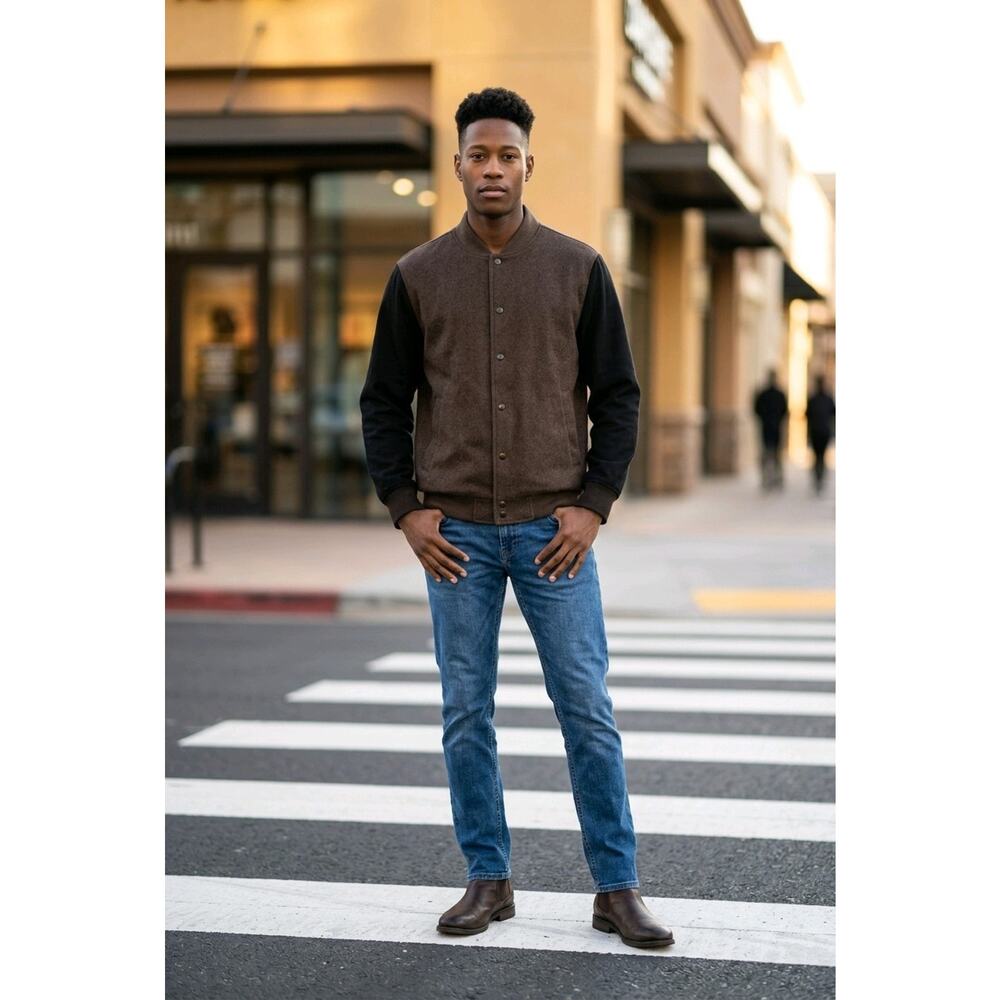 NWT! Banana Republic Mens Varsity Jacket Med Brown Black Colorblock Snap Button